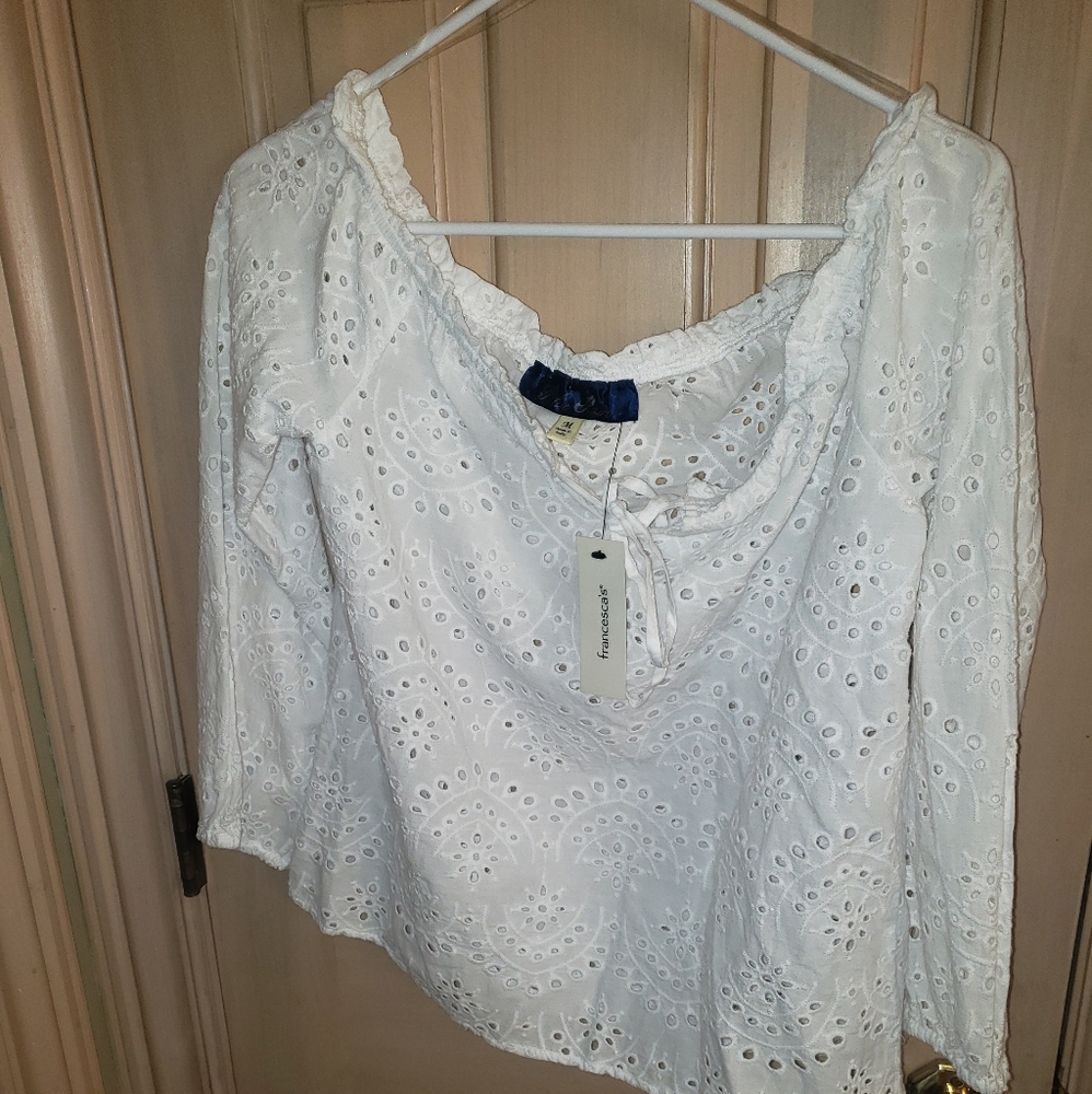 NWT Francesca white Eyelet Misses Sz M off shoulder Shirt Blouse - Picture 4 of 7
